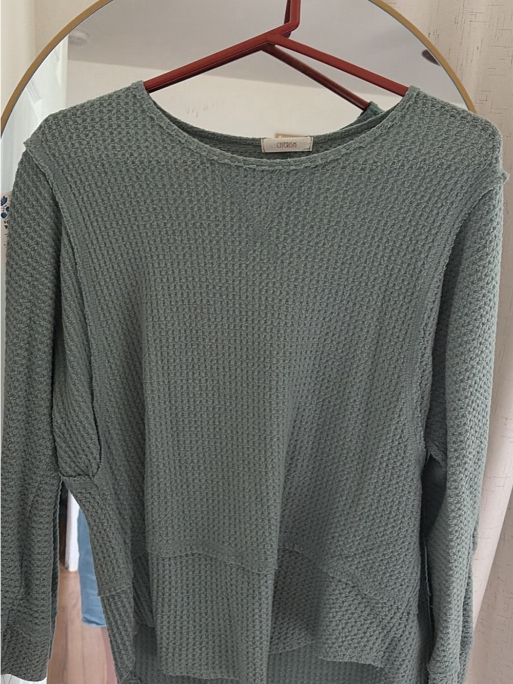 Cherish Sage Green Waffle Knit Long Sleeve Top